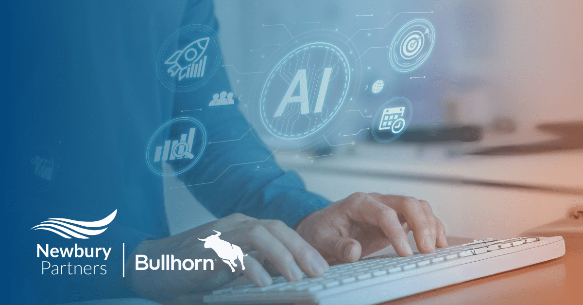 A person types on a keyboard with holographic AI icons in the background, representing AI-powered candidate matching.