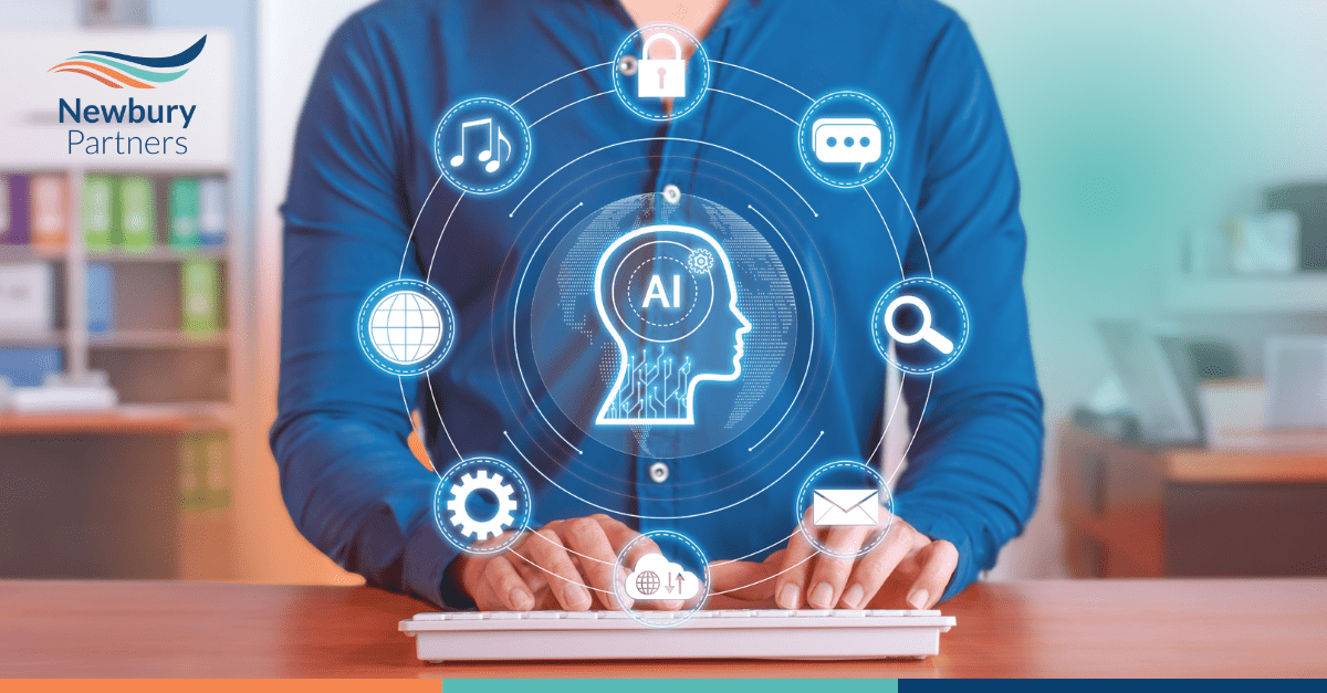 Professional using tablet with AI interface showing staffing technology and digital transformation icons.