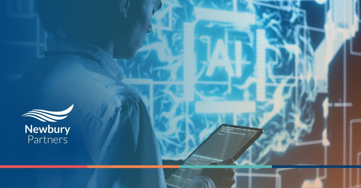 Staffing leader using laptop with AI technology overlay, representing transformation from ai confusion to competitive advantage