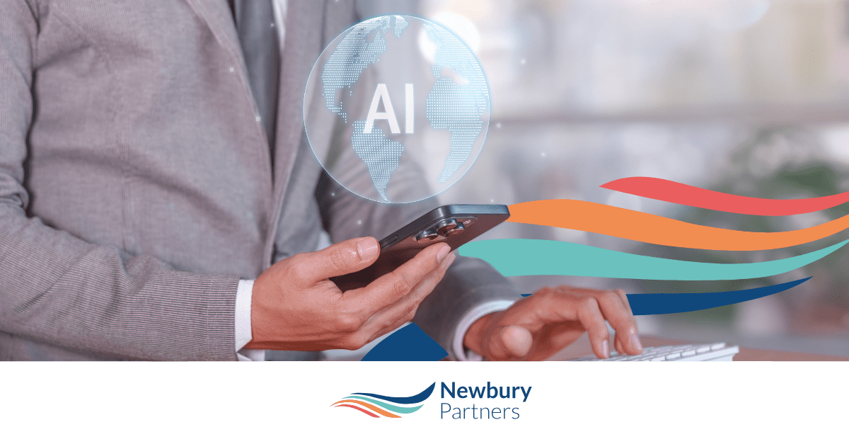 Business professional using smartphone with AI globe interface and colorful data streams.