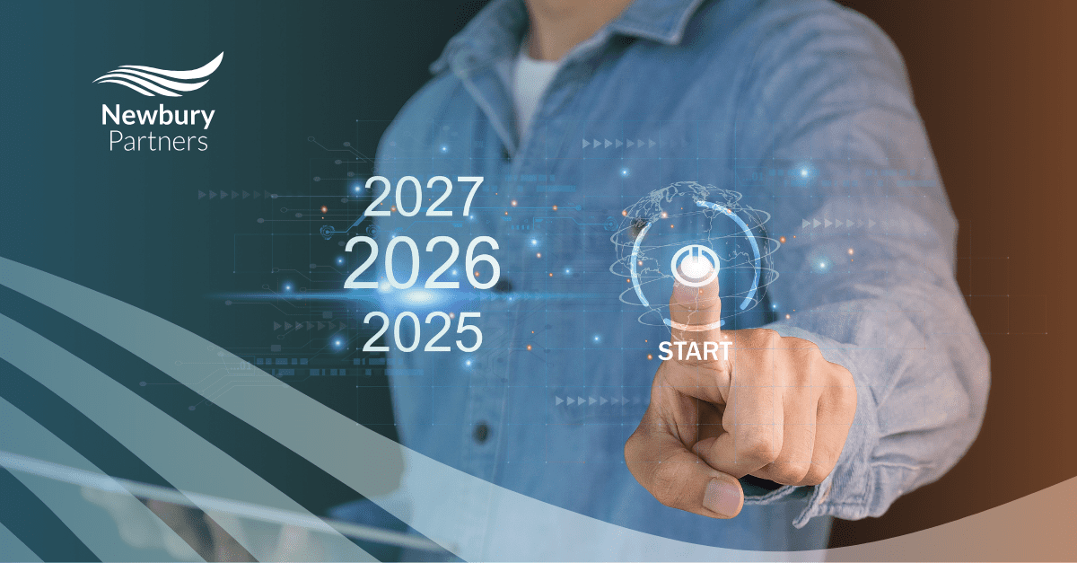Professional pressing digital start button on 2025-2027 timeline for proactive staffing tech stack planning.