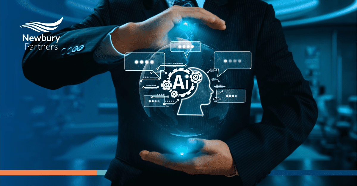 Business professional holding a digital AI interface symbolizing the success of Newbury partner's AI strategy for staffing firms.