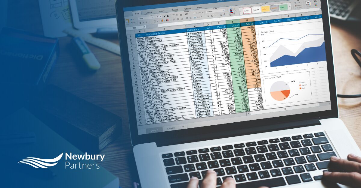 A recruiter works on a laptop showing dense spreadsheets and pie charts used to manually calculate recruiter commissions, branded by Newbury Partners.