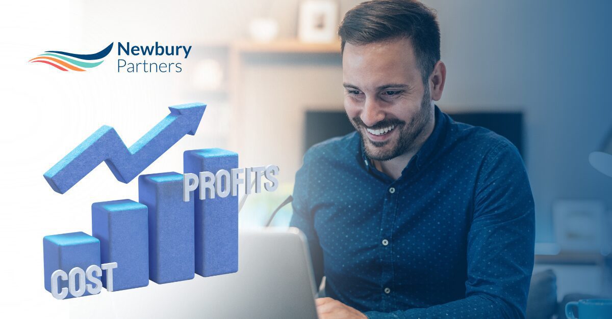 Staffing leader reviewing BI portal for staffing insights with cost-to-profit growth chart.